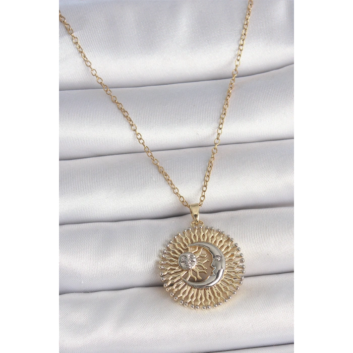 HarmonyAura 316L Çelik Gold Renk Mix Renk Ay Güneş Model Kadın Kolye