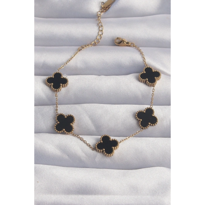 HarmonyAura 316L Çelik Gold Renk Siyah Mineli Yonca Bileklik