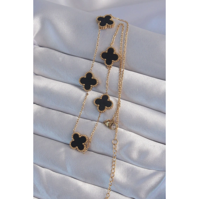 HarmonyAura 316L Çelik Gold Renk Siyah Mineli Yonca Kolye