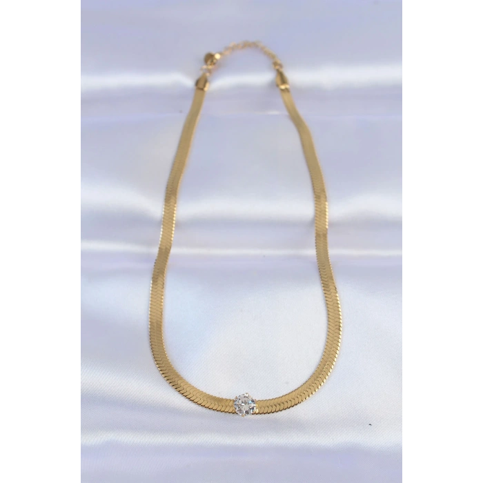 HarmonyAura 316L Çelik Gold Renk Tek Zirkon Taşlı İtalyan Zincir Kolye