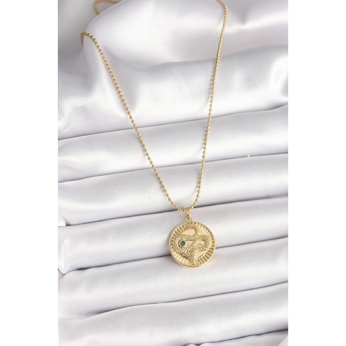 HarmonyAura 316L Çelik Gold Renk Topçuk Zincir Yılan İşlemeli Zirkon Taş Detaylı Madalyon Model Kadın Kolye