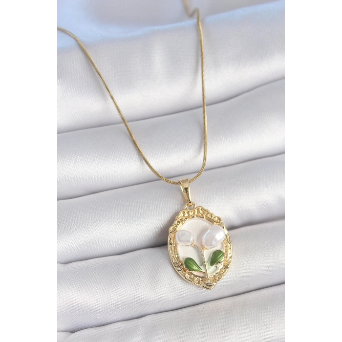 HarmonyAura 316L Çelik Gold Renk Zincir Beyaz Mineli İncili Çiçek İşlemeli Portre Model Kadın Kolye
