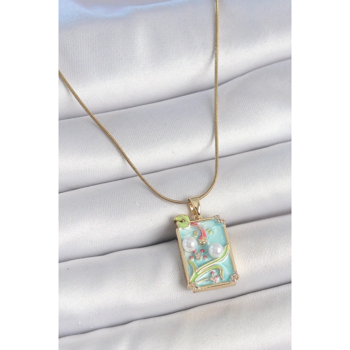 HarmonyAura 316L Çelik Gold Renk Zincir Mavi Mineli İncili Çiçek İşlemeli Portre Model Kadın Kolye