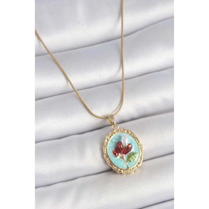HarmonyAura 316L Çelik Gold Renk Zincir Turkuaz Mineli İncili Çiçek İşlemeli Portre Model Kadın Kolye