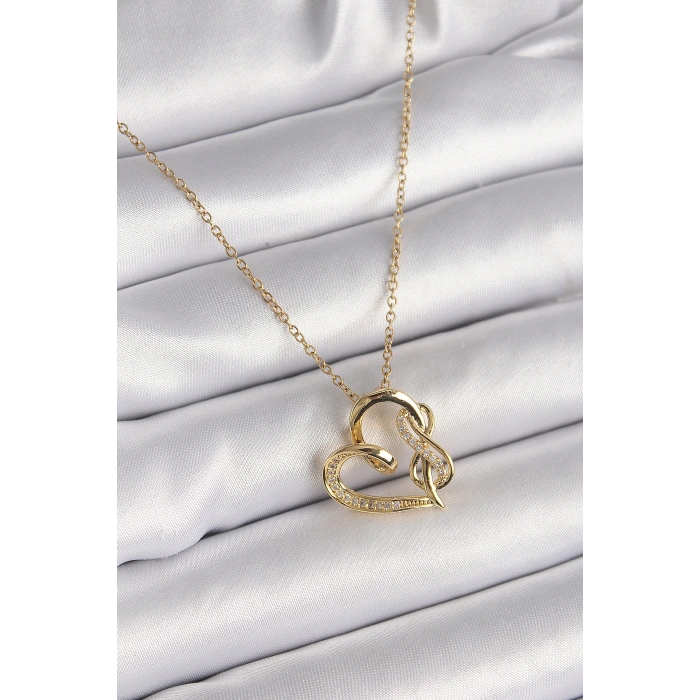 HarmonyAura 316L Çelik Gold Renk Zincir Zirkon Taş Detaylı Kalp Model Sonsuzluk Detay Kadın Kolye