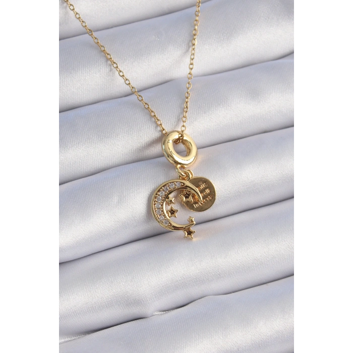 HarmonyAura 316L Çelik Gold Renk Zirkon Taşlı Ay Yıldız Model Charm Model Kadın Kolye