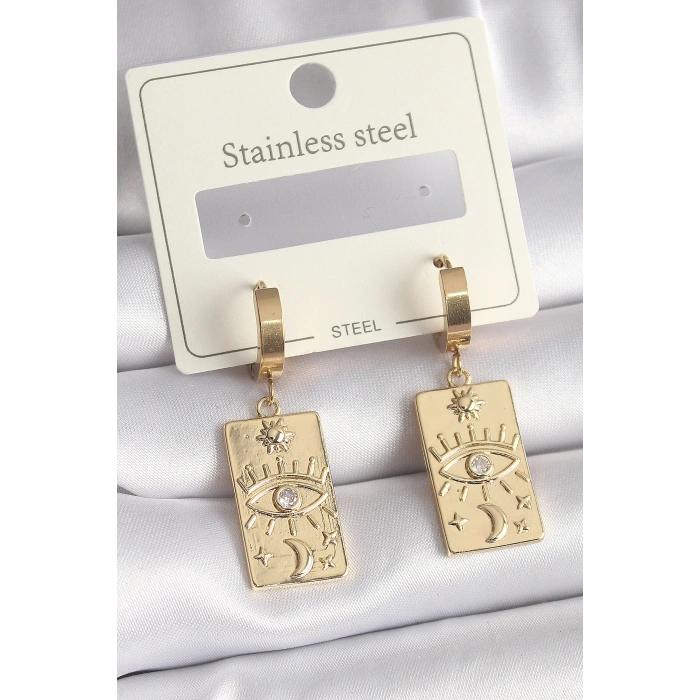 HarmonyAura 316L Çelik Gold Renk Zirkon Taşlı Göz İşleme Detay Plaka Model Kadın Küpe