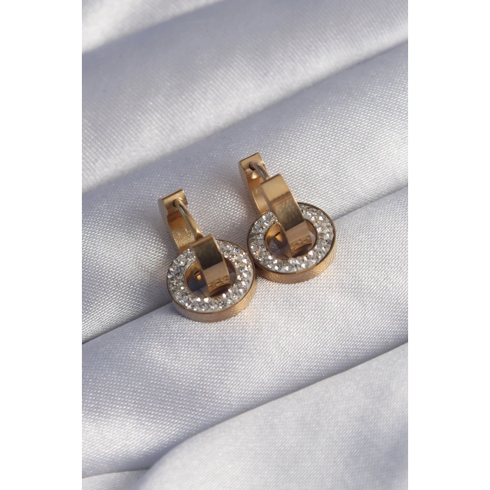 HarmonyAura 316L Çelik Gold Renk Zirkon Taşlı İç İçe Geçmeli Oval Küpe