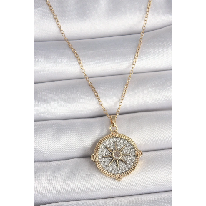 HarmonyAura 316L Çelik Gold Renk Zirkon Taşlı Pusula Model Kadın Kolye
