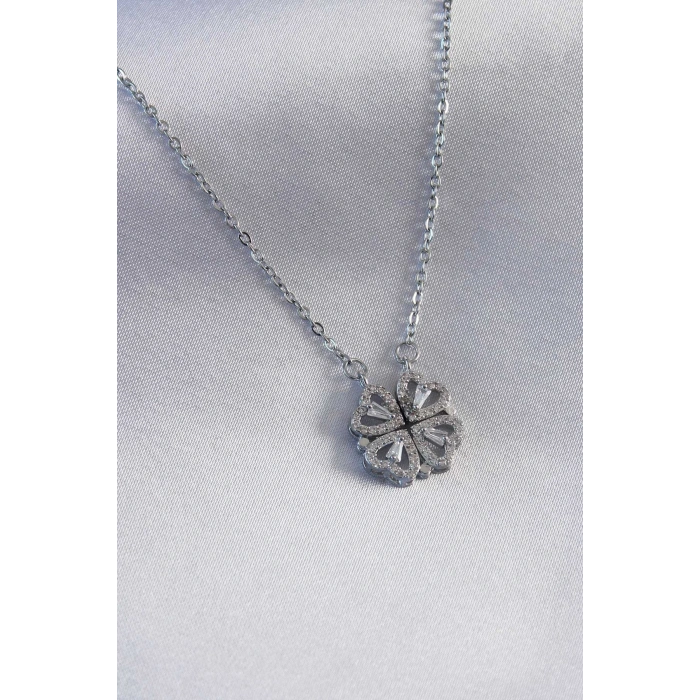 HarmonyAura 316L Çelik Gümüş Renk Açılır Yonca Model Kadın Kolye