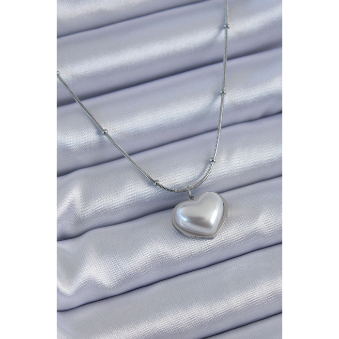 HarmonyAura 316L Çelik Gümüş Renk İncili Kalp Model Minimal Top Detay Kadın Kolye