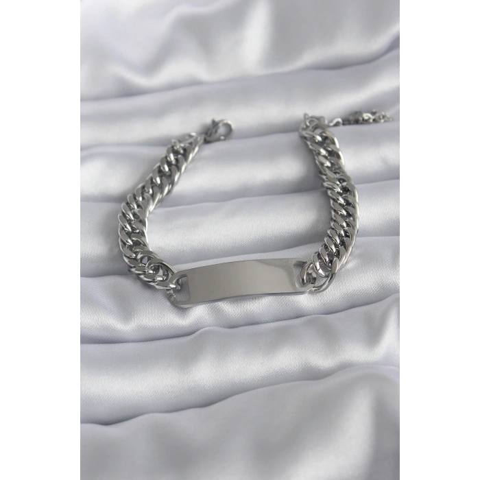 HarmonyAura 316L Çelik Gümüş Renk İsim Yazılabilir Plaka Model Kadın Bileklik