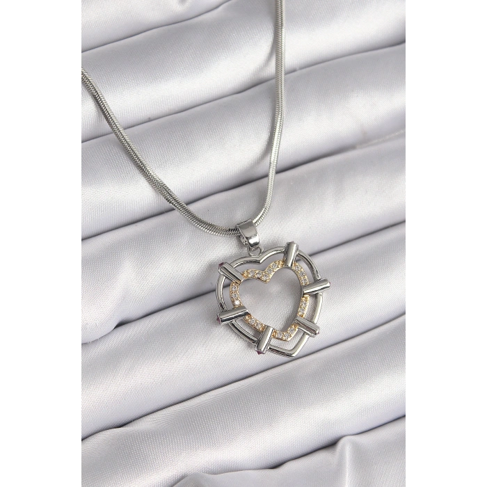HarmonyAura 316L Çelik Gümüş Renk İtalyan Zincir Mix Renk Zirkon Taş Detay Kalp Model Kadın Kolye