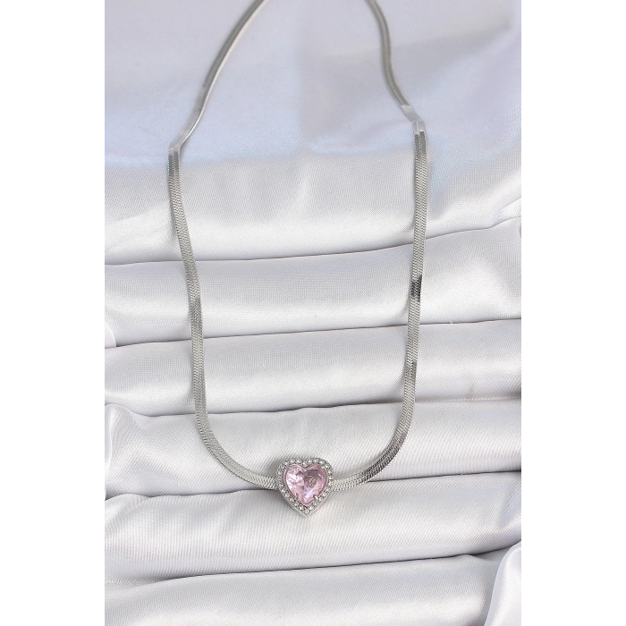HarmonyAura 316L Çelik Gümüş Renk İtalyan Zincir Pembe Zirkon Taşlı Kalp Model Kadın Kolye
