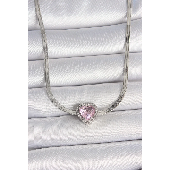 HarmonyAura 316L Çelik Gümüş Renk İtalyan Zincir Pembe Zirkon Taşlı Kalp Model Kadın Kolye
