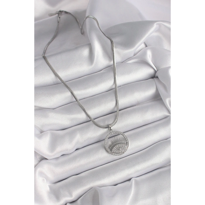 HarmonyAura 316L Çelik Gümüş Renk İtalyan Zincir Zirkon Taşlı Göz Model Kadın Kolye