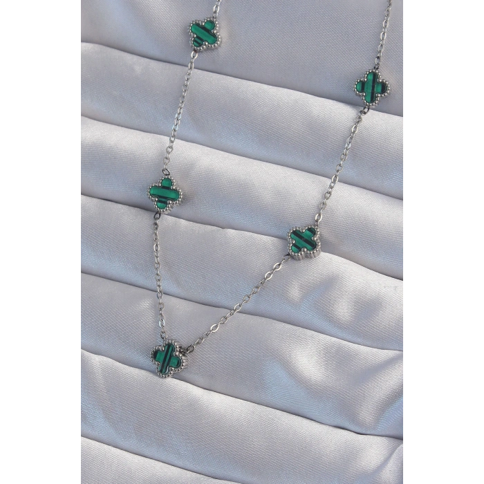 HarmonyAura 316L Çelik Gümüş Renk Minimal Yeşil Mineli Yonca Kolye