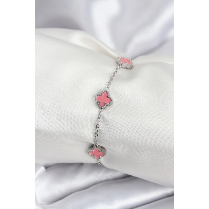 HarmonyAura 316L Çelik Gümüş Renk Pembe Baby Boy Yonca Kadın Bileklik