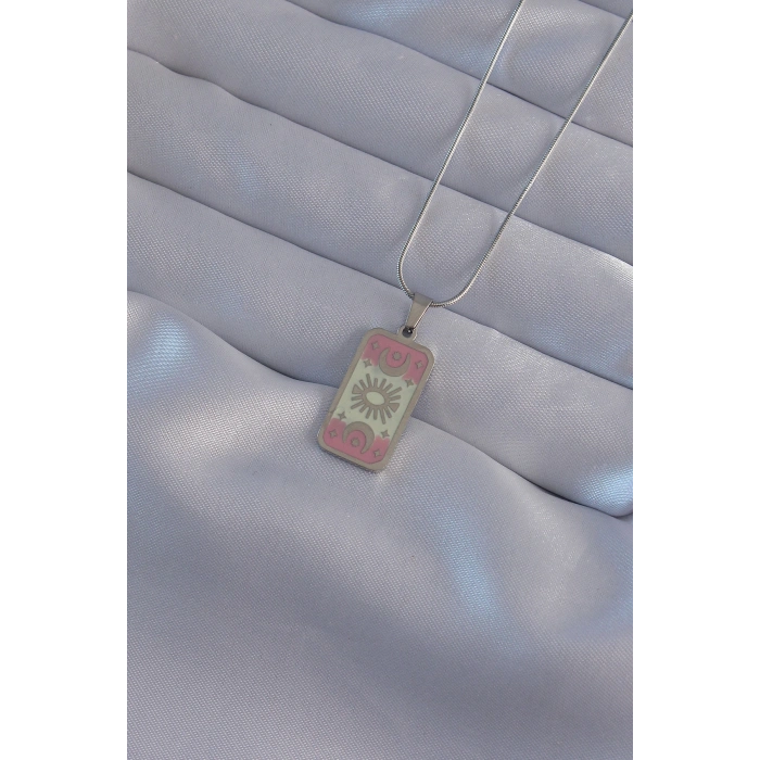 HarmonyAura 316L Çelik Gümüş Renk Pembe Mineli Ay Figür Tarot Kolye