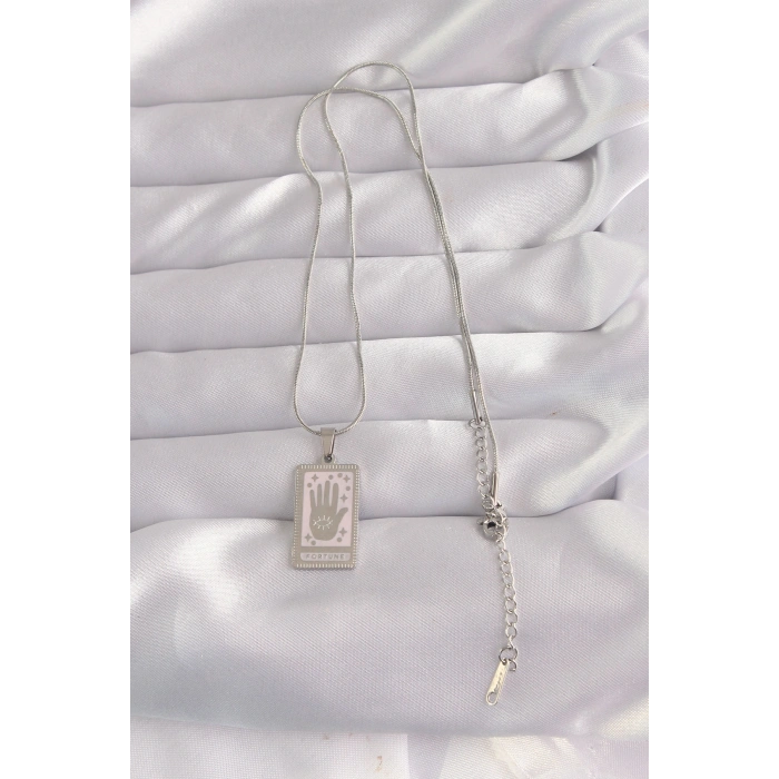 HarmonyAura 316L Çelik Gümüş Renk Pembe Mineli El Figür Tarot Kolye
