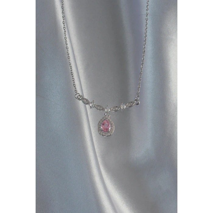 HarmonyAura 316L Çelik Gümüş Renk Pembe Zirkon Taşlı Damla Kolye