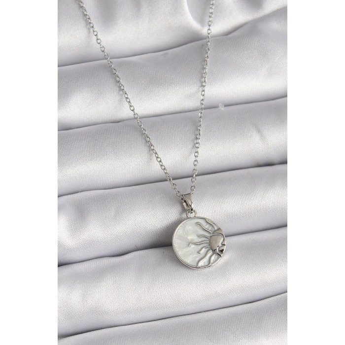 HarmonyAura 316L Çelik Gümüş Renk Zincir Beyaz Sedefli Gün Batımı Model Kadın Kolye