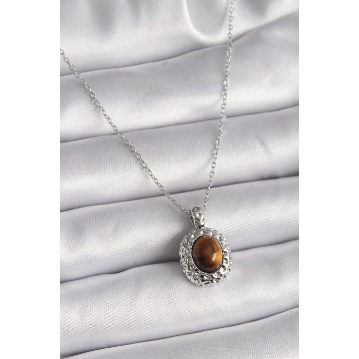 HarmonyAura 316L Çelik Gümüş Renk Zincir Kehribar Boncuk Model Kadın Kolye