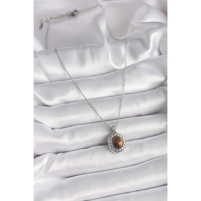 HarmonyAura 316L Çelik Gümüş Renk Zincir Kehribar Boncuk Model Kadın Kolye