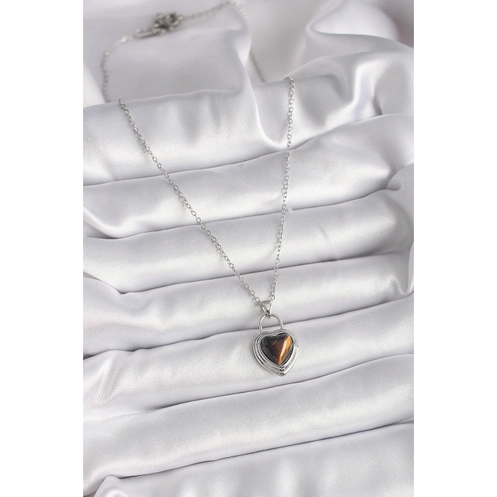 HarmonyAura 316L Çelik Gümüş Renk Zincir Kilit Kalp Kehribar Boncuk Model Kadın Kolye