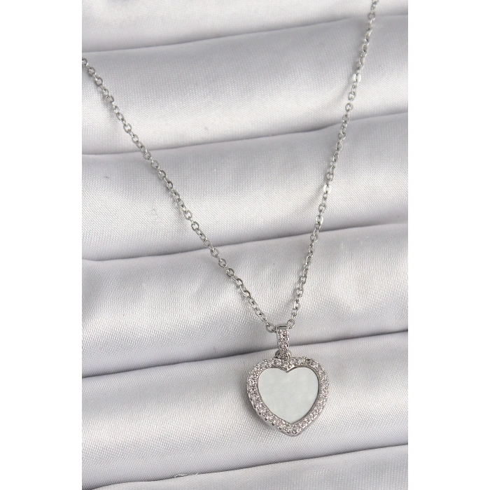 HarmonyAura 316L Çelik Gümüş Renk Zincir Zirkon Taşlı Beyaz Mineli Kalp Model Kadın Kolye