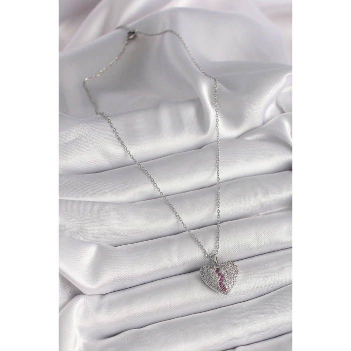 HarmonyAura 316L Çelik Gümüş Renk Zincir Zirkon Taşlı Kalp Model Kadın Kolye