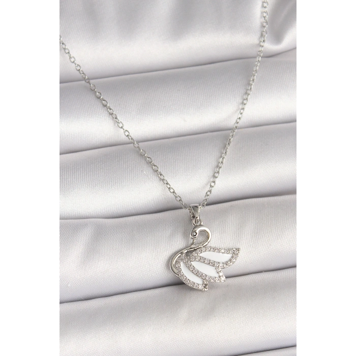 HarmonyAura 316L Çelik Gümüş Renk Zincir Zirkon Taşlı Kuğu Model Kadın Kolye