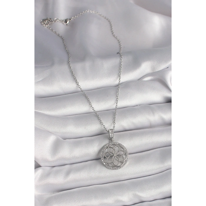 HarmonyAura 316L Çelik Gümüş Renk Zincir Zirkon Taşlı Lotus Model Kadın Kolye