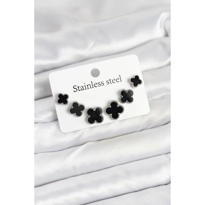 HarmonyAura 316L Çelik Gümüş Siyah Renk 3 Boy Yonca Küpe Seti