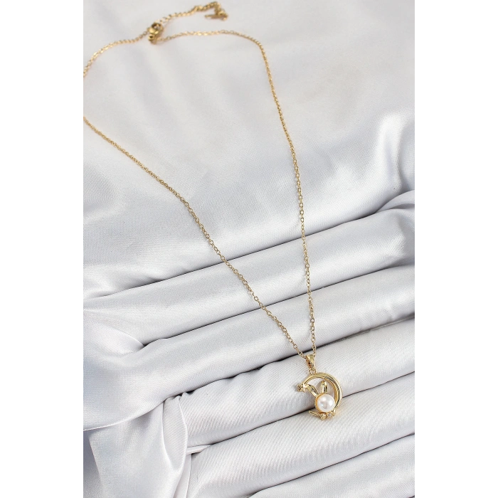 HarmonyAura 316L Çelik İnci Detaylı Hilal Tavşan Model Gold Renk Kadın Kolye