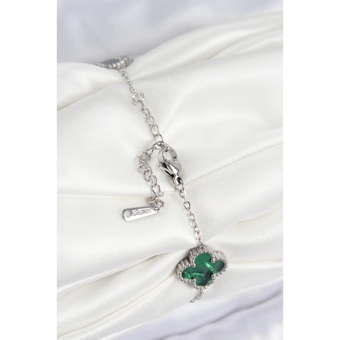 HarmonyAura 316L Çelik Sedefli Zümrüt Yeşil Gümüş Renk Yonca Kadın Bileklik