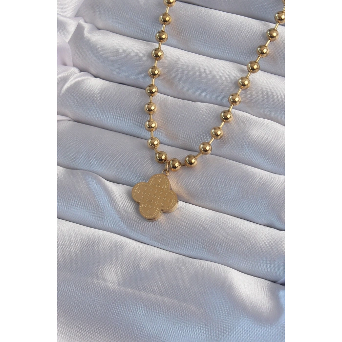 HarmonyAura 316L Çelik Top Zincirli Gold Renk İşlemeli Yonca Model Kolye