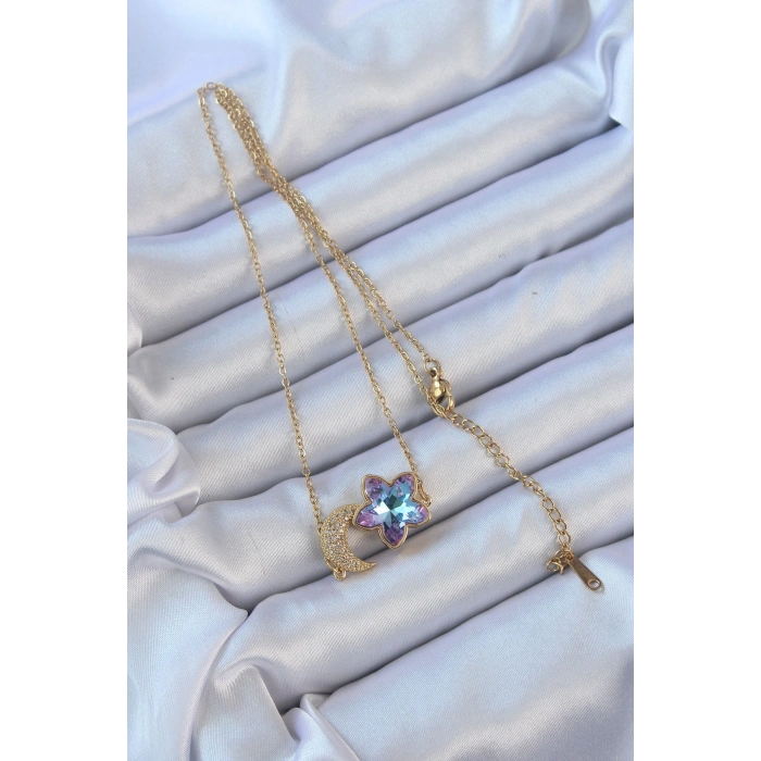 HarmonyAura 316L Çelik Zincir Altın Renk Ay Tasarımlı Renkli Zirkon Taşlı Çiçek Kolye