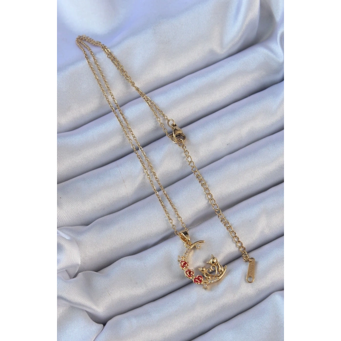 HarmonyAura 316L Çelik Zincir Altın Renk Kırmızı Gül Detay Kedi Figür Zirkon Taşlı Ay Kolye