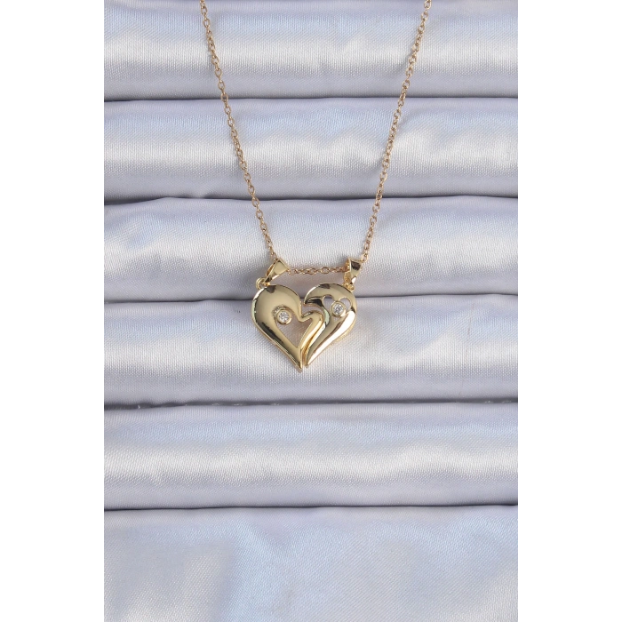 HarmonyAura 316L Çelik Zincir Altın Renk Zirkon Taşlı Mıknatıslı Kalp Kolye