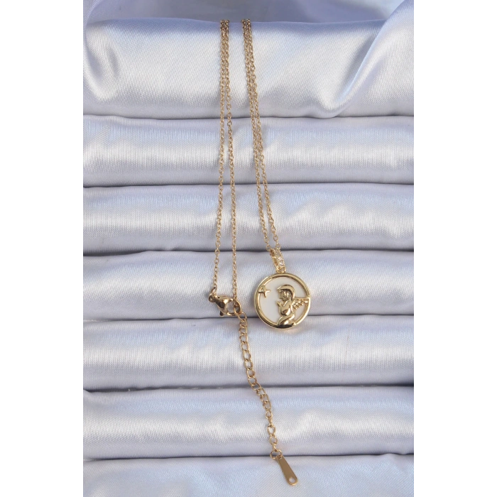 HarmonyAura 316L Çelik Zincir Altın Renk Zirkon Taşlı Mineli Melek Kolye