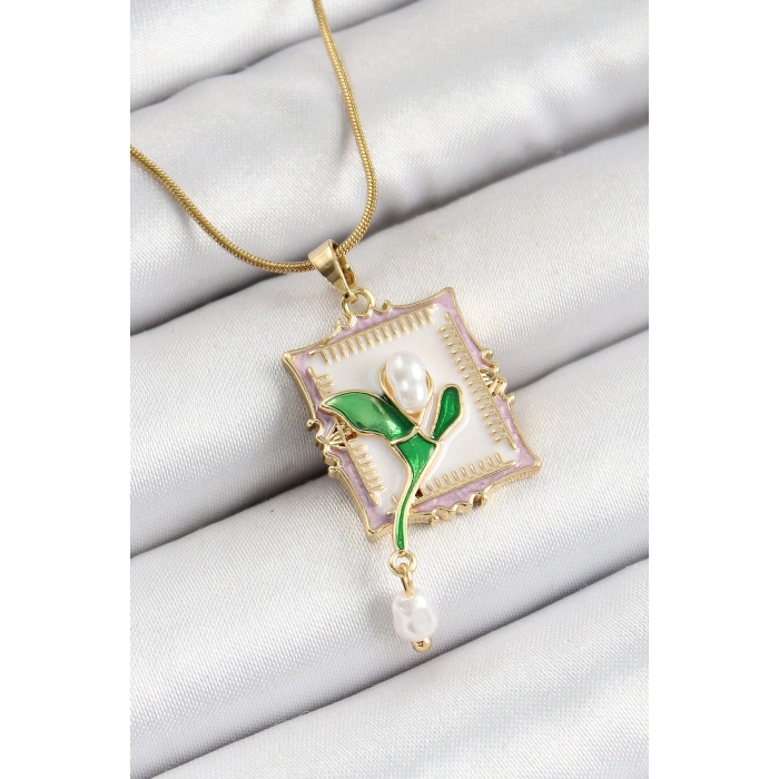 HarmonyAura 316L Çelik Zincir Beyaz Sanatsal Portre Sallantılı İnci Detaylı Lale Model Gold Renk Kadın Kolye