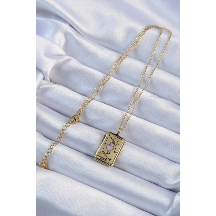 HarmonyAura 316L Çelik Zincir Eskitme Altın Renk Pembe Mineli Kalp Figürlü Tarot Kolye
