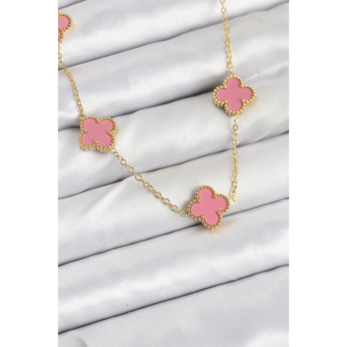 HarmonyAura 316L Çelik Zincir Gold Pembe Renk Yonca Kadın Kolye