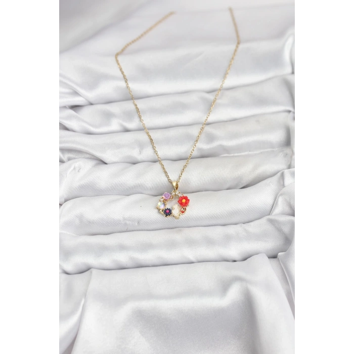 HarmonyAura 316L Çelik Zincir Gold Renk Çiçekli Kedili Model Kadın Kolye