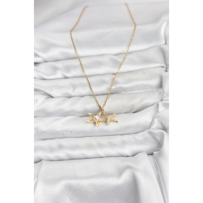 HarmonyAura 316L Çelik Zincir Gold Renk Deniz Yıldızı Model Zirkon Taşlı Kadın Kolye