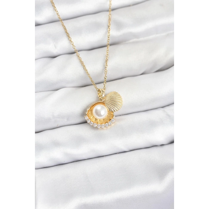 HarmonyAura 316L Çelik Zincir Gold Renk İncili Deniz Kabuğu Model Zirkon Taşlı Kadın Kolye