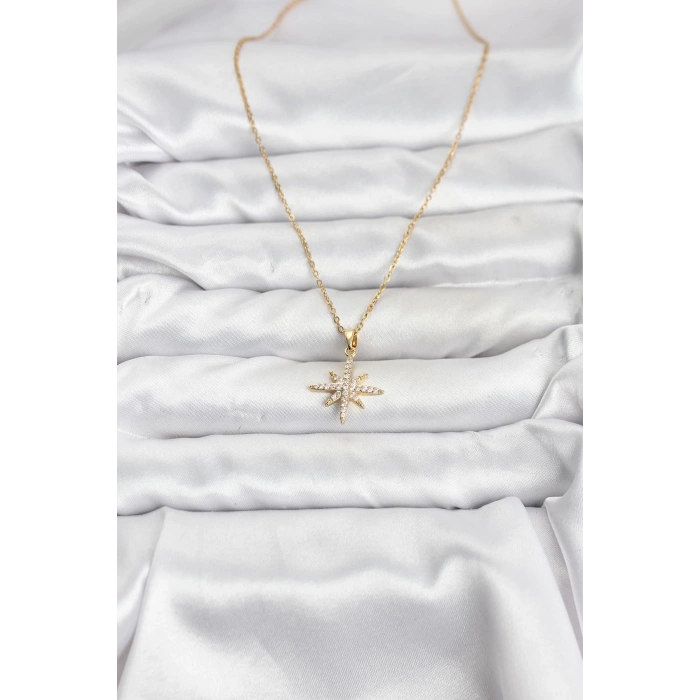 HarmonyAura 316L Çelik Zincir Gold Renk Kutup Yıldızı Model Zirkon Taşlı Kadın Kolye