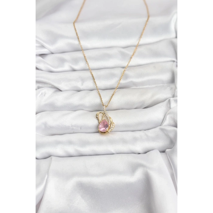 HarmonyAura 316L Çelik Zincir Gold Renk Pembe Kuğu Model Zirkon Taşlı Kadın Kolye