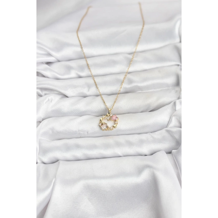 HarmonyAura 316L Çelik Zincir Gold Renk Pembe Taş Detaylı Çelenk Model Kadın Kolye